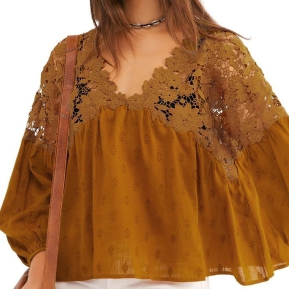 Free People Lina Lace Bronze Crochet Top - Small bohemian festive loose‎ - Picture 1 of 12